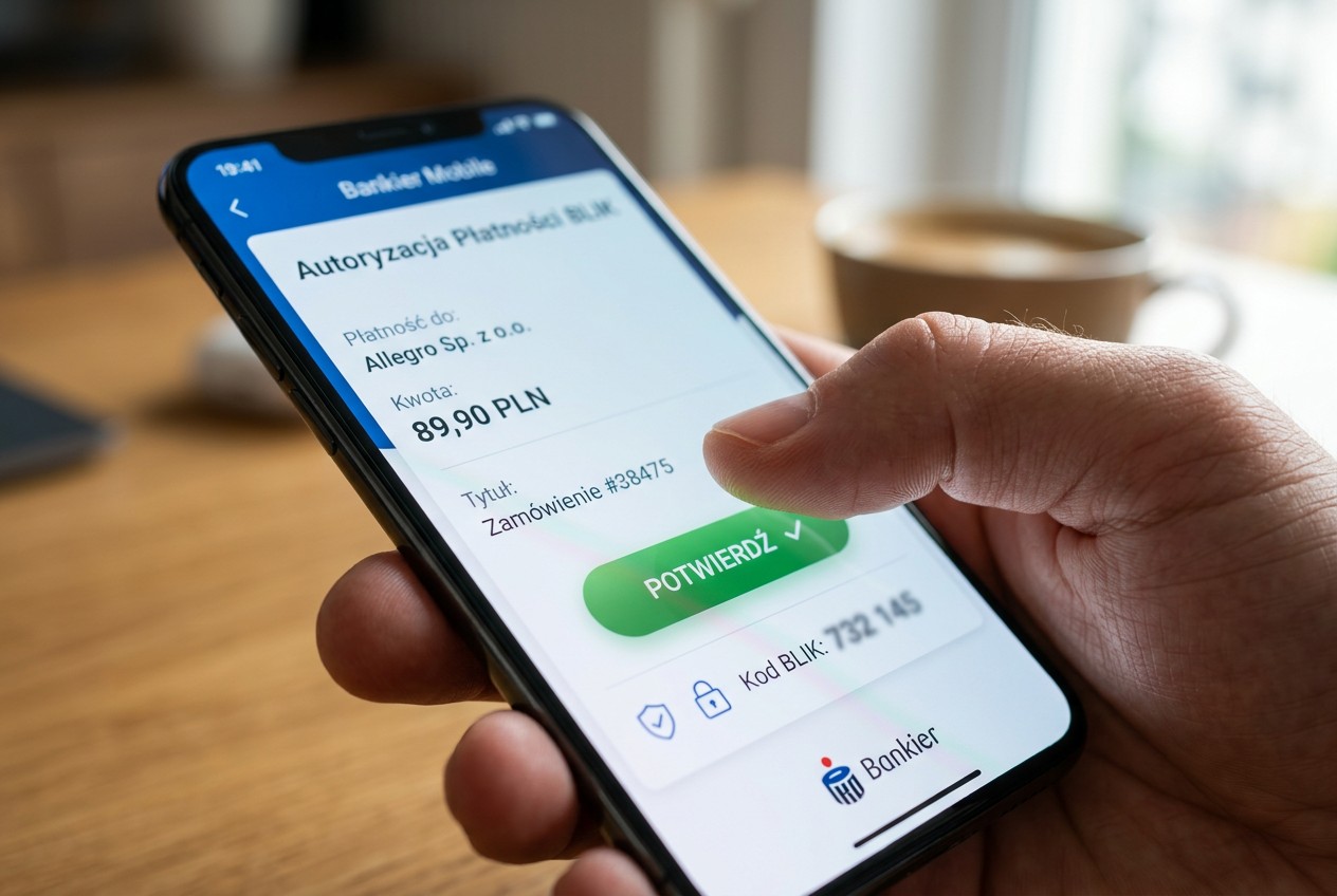 Osoba wpisująca kod BLIK na telefonie, co symbolizuje szybkie i bezpieczne płatności mobilne w kasynie
