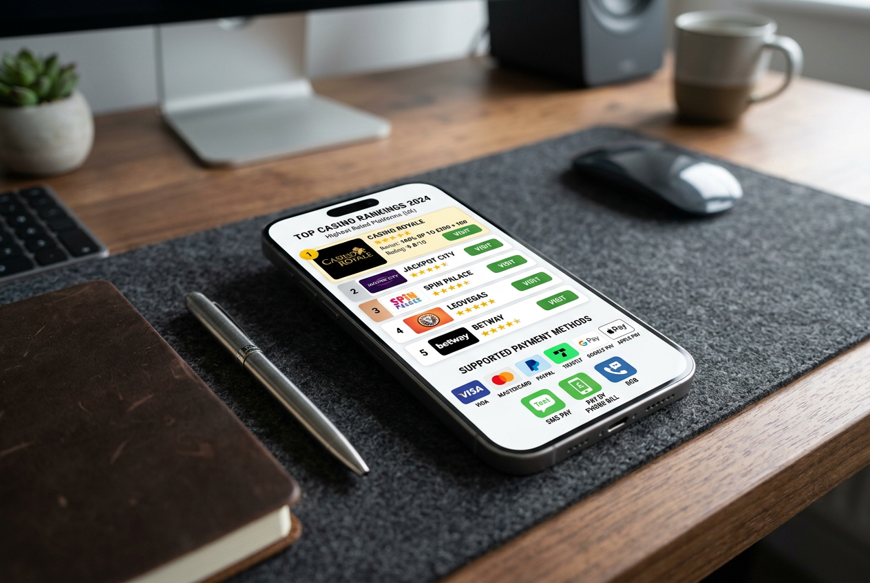 Nowoczesny smartfon wyświetlający ranking kasyn mobilnych z ikonami płatności SMS