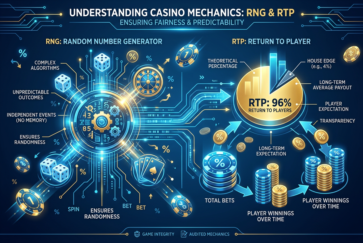 Infografika przedstawiająca mechanizm RTP i RNG w automatach